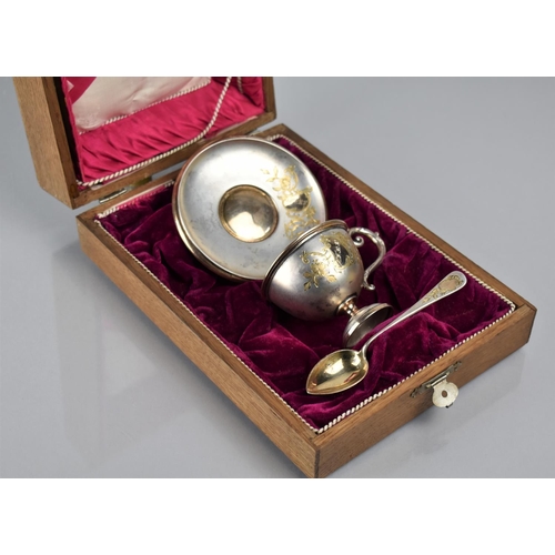 243 - A Continental Silver and Gilt Christening Set in Wooden Presentation Box with Decorated Hinged Lid, ... 