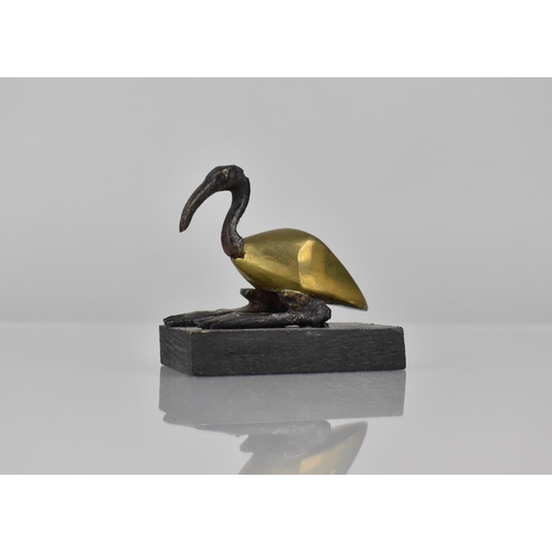 94 - After Egyptian Ptolemaic Period Bronze, Resting Ibis on Wooden Ebonized Plinth Base, 6cms High