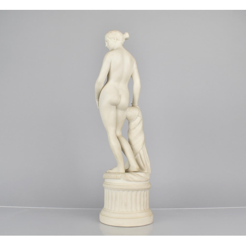 266 - After John Bell (1812-1895) Parian Figure, Slave Girl in Chains Standing by Draped Pedestal on Reede... 