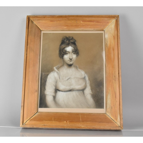 476 - A Pine Framed Half Portrait of a Georgian Girl in Charcoal and Chalk, 27x34cms