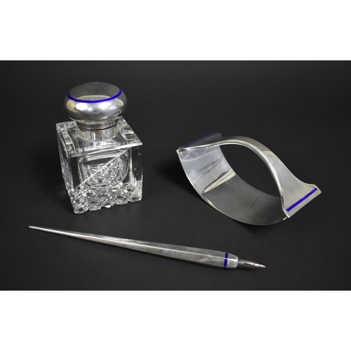 252 - An Austrian Silver and Glass Desk Set with Blue Enamel Decoration comperising Inkwell, Dip Pen and B... 