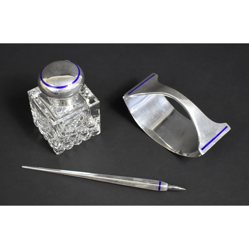 252 - An Austrian Silver and Glass Desk Set with Blue Enamel Decoration comperising Inkwell, Dip Pen and B... 