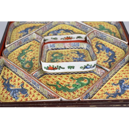 327 - A Late 19th/20th Century Chinese Porcelain Nine Piece Supper Set, Decorated in Enamel depicting Blue... 