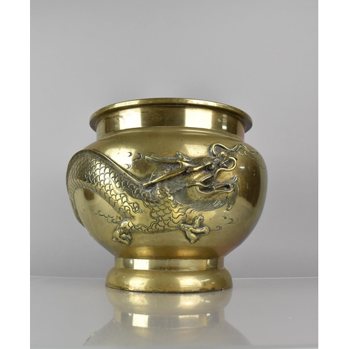 446 - A 19th Century Cast Bronze Planter incised and Relief Decoration Dragon in Scrolled Sky, 29cms High,... 