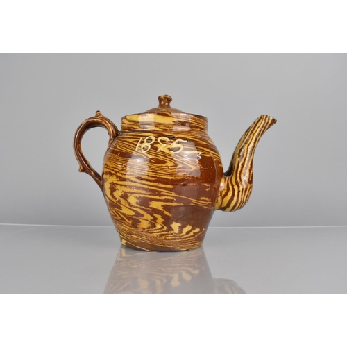 265 - A Late 19th century Slipware Double Spout Marriage Teapot and Cover, Inscribed Mr and Mrs Schofield ... 