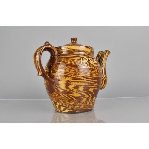 265 - A Late 19th century Slipware Double Spout Marriage Teapot and Cover, Inscribed Mr and Mrs Schofield ... 