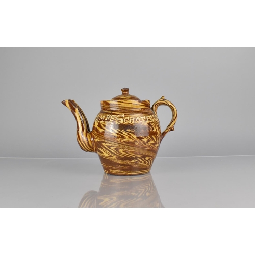 265 - A Late 19th century Slipware Double Spout Marriage Teapot and Cover, Inscribed Mr and Mrs Schofield ... 