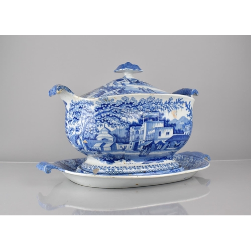 269 - A Large English 19th Century Blue and White Tureen and Cover Having Scrolled Handles and Complete wi... 