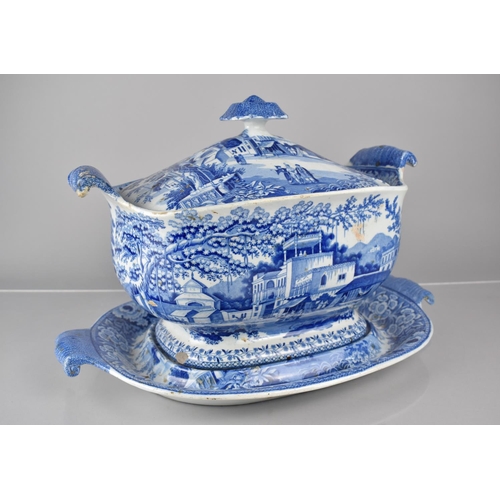 269 - A Large English 19th Century Blue and White Tureen and Cover Having Scrolled Handles and Complete wi... 