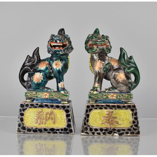 335 - A Pair of Japanese Porcelain Temple Lions on Tapering Plinth Bases decorated in Polychrome Enamels, ... 