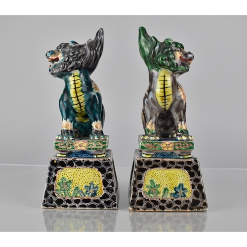 335 - A Pair of Japanese Porcelain Temple Lions on Tapering Plinth Bases decorated in Polychrome Enamels, ... 