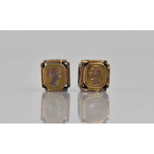 321 - Two Early  Victorian Gilt Metal Six Sided Cube Seals with Intaglio Matrices Depicting Queen Victoria... 