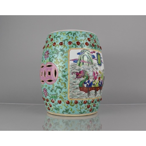 95 - A 20th Century Chinese Porcelain Miniature Stool of Barrel Form decorated in the Famille Rose Palett... 