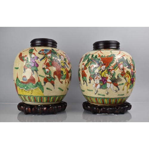 355 - A Large Pair of Chinese Nanking Crackle Glazed Ginger Jars decorated in the Polychrome Enamels Depic... 