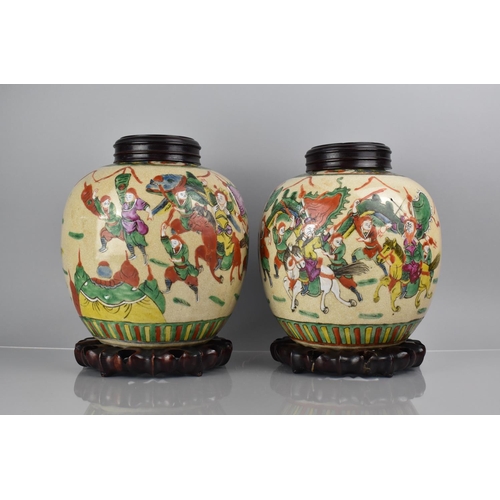 355 - A Large Pair of Chinese Nanking Crackle Glazed Ginger Jars decorated in the Polychrome Enamels Depic... 