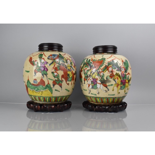 355 - A Large Pair of Chinese Nanking Crackle Glazed Ginger Jars decorated in the Polychrome Enamels Depic... 