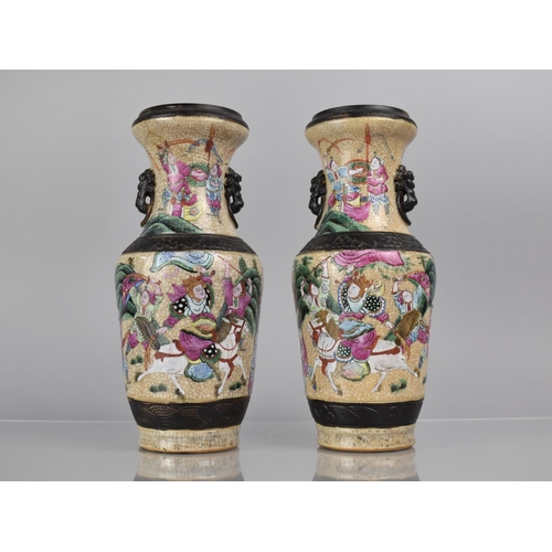 356 - A Pair of Chinese Nanking Crackle Glazed Vases decorated in the Famille Rose Palette with Battle Sce... 