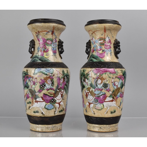 356 - A Pair of Chinese Nanking Crackle Glazed Vases decorated in the Famille Rose Palette with Battle Sce... 