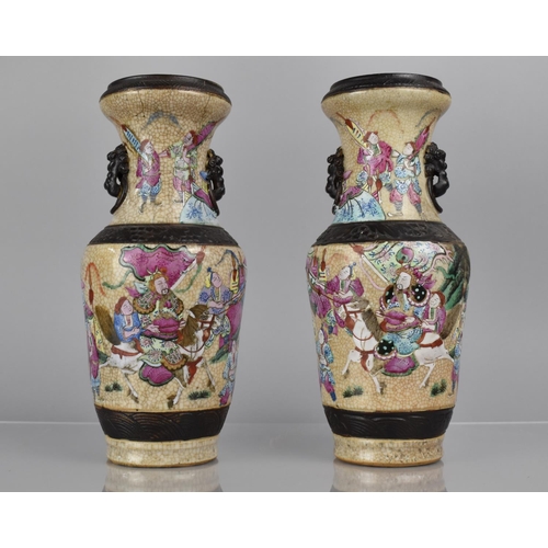 356 - A Pair of Chinese Nanking Crackle Glazed Vases decorated in the Famille Rose Palette with Battle Sce... 