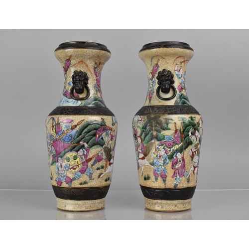 356 - A Pair of Chinese Nanking Crackle Glazed Vases decorated in the Famille Rose Palette with Battle Sce... 