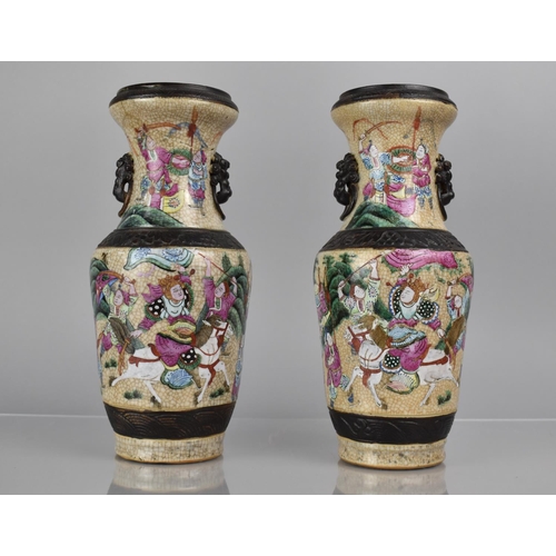 356 - A Pair of Chinese Nanking Crackle Glazed Vases decorated in the Famille Rose Palette with Battle Sce... 