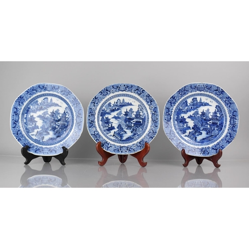 381 - A Set of Three 18th Century Chinese Porcelain Blue and White Plates Decorated with River Village Sce... 