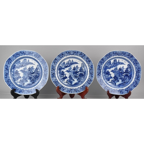 381 - A Set of Three 18th Century Chinese Porcelain Blue and White Plates Decorated with River Village Sce... 