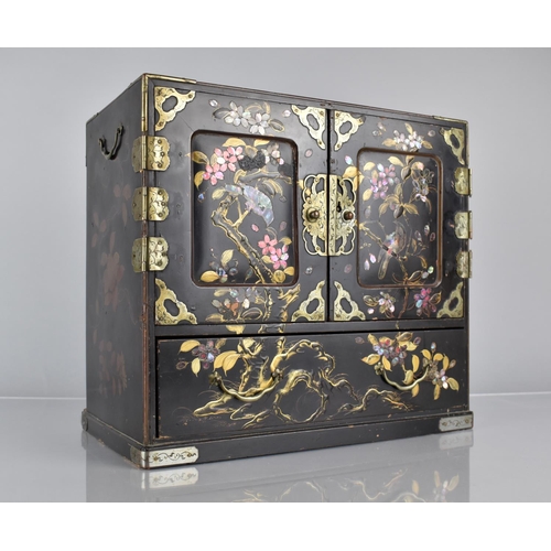 454 - A Japanese Lacquered Collectors Table Top Cabinet with Panelled Doors to Six Inner Drawers and Long ... 