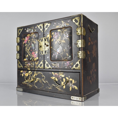 454 - A Japanese Lacquered Collectors Table Top Cabinet with Panelled Doors to Six Inner Drawers and Long ... 