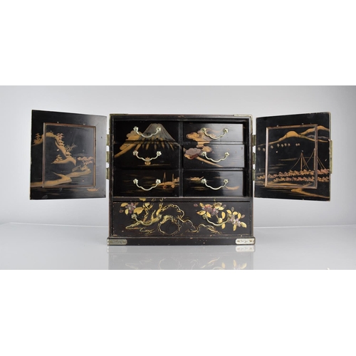 454 - A Japanese Lacquered Collectors Table Top Cabinet with Panelled Doors to Six Inner Drawers and Long ... 