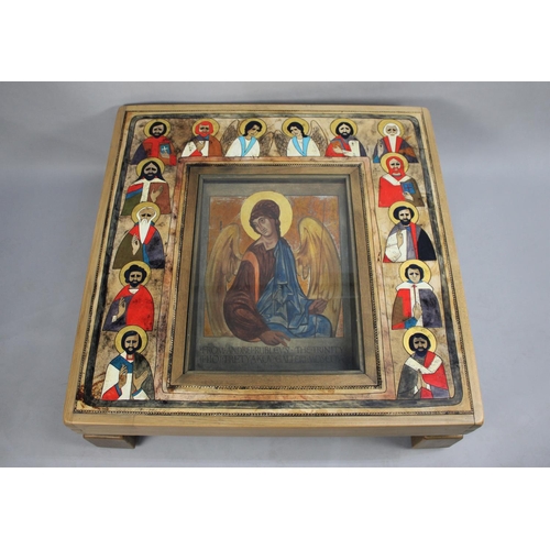 477 - A Modern Painted Russian Icon Coffee Table with Centre Glazed Section Housing Painted Canvas Panel, ... 