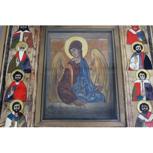 477 - A Modern Painted Russian Icon Coffee Table with Centre Glazed Section Housing Painted Canvas Panel, ... 