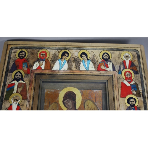 477 - A Modern Painted Russian Icon Coffee Table with Centre Glazed Section Housing Painted Canvas Panel, ... 