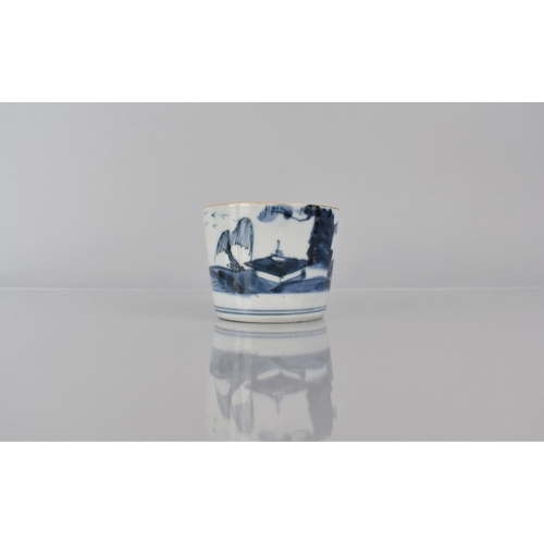 374 - A Small Oriental Blue and White Porcelain Brush Pot Decorated with River Village Scene, The Base wit... 