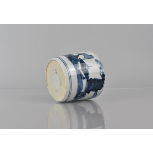 374 - A Small Oriental Blue and White Porcelain Brush Pot Decorated with River Village Scene, The Base wit... 