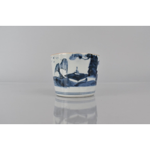 374 - A Small Oriental Blue and White Porcelain Brush Pot Decorated with River Village Scene, The Base wit... 