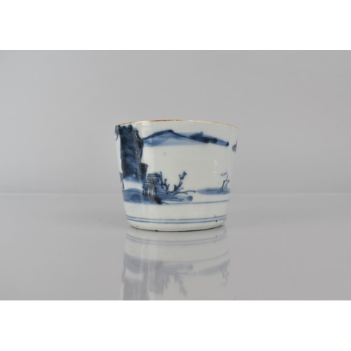 374 - A Small Oriental Blue and White Porcelain Brush Pot Decorated with River Village Scene, The Base wit... 