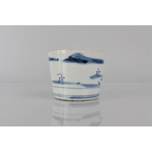 374 - A Small Oriental Blue and White Porcelain Brush Pot Decorated with River Village Scene, The Base wit... 