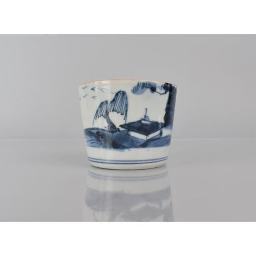 374 - A Small Oriental Blue and White Porcelain Brush Pot Decorated with River Village Scene, The Base wit... 