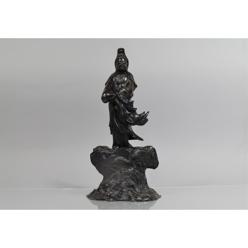 437 - A 19th Century Chinese Bronze Deity, Standing on Naturalistic Rock Base with Flowering Robe, Missing... 