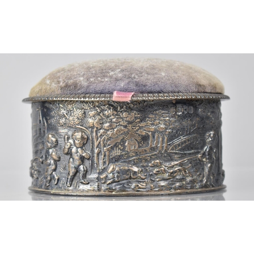 216 - A George V Silver Oval Trinket or Sewing Box by S.W. Smith and Co, London Hallmark, Decorated in Rel... 