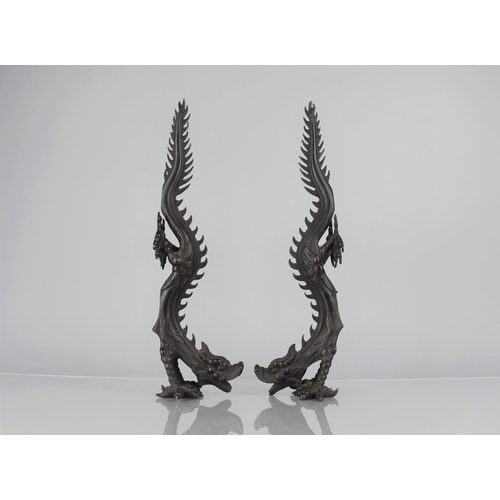 443 - A Pair of Chinese Patinated Bronze Supporting Mounts in the Form of Dragons Raised on Front Legs, 35... 