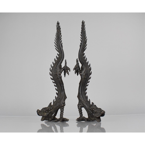 443 - A Pair of Chinese Patinated Bronze Supporting Mounts in the Form of Dragons Raised on Front Legs, 35... 