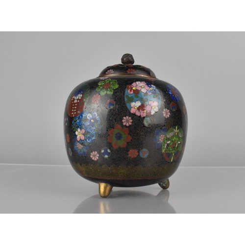 448 - A Cloisonne Censer/Potpourri and Cover of Globular Form, Decorated in Polychrome Enamels on Black Gr... 