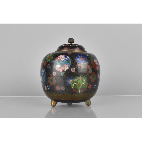 448 - A Cloisonne Censer/Potpourri and Cover of Globular Form, Decorated in Polychrome Enamels on Black Gr... 