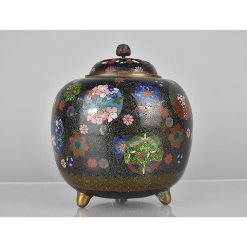 448 - A Cloisonne Censer/Potpourri and Cover of Globular Form, Decorated in Polychrome Enamels on Black Gr... 