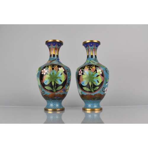 449 - A Pair of Chinese Cloisonne Pomegranate Pattern Vases on Blue Ground, Decorated with Butterflies and... 