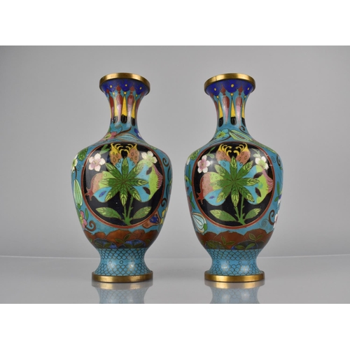 449 - A Pair of Chinese Cloisonne Pomegranate Pattern Vases on Blue Ground, Decorated with Butterflies and... 