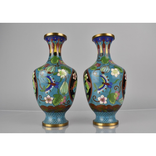 449 - A Pair of Chinese Cloisonne Pomegranate Pattern Vases on Blue Ground, Decorated with Butterflies and... 