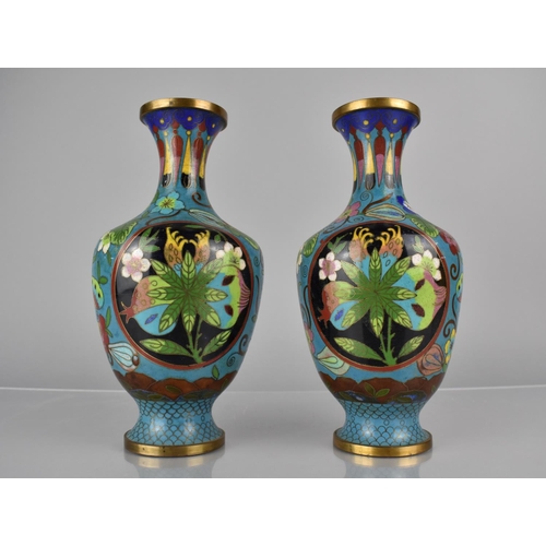 449 - A Pair of Chinese Cloisonne Pomegranate Pattern Vases on Blue Ground, Decorated with Butterflies and... 